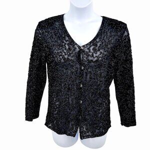 VTG MODE LIA BLACK METALLIC SILVER THREAD DESIGN SHEER CARDIGAN W/ FANCY BUTTONS